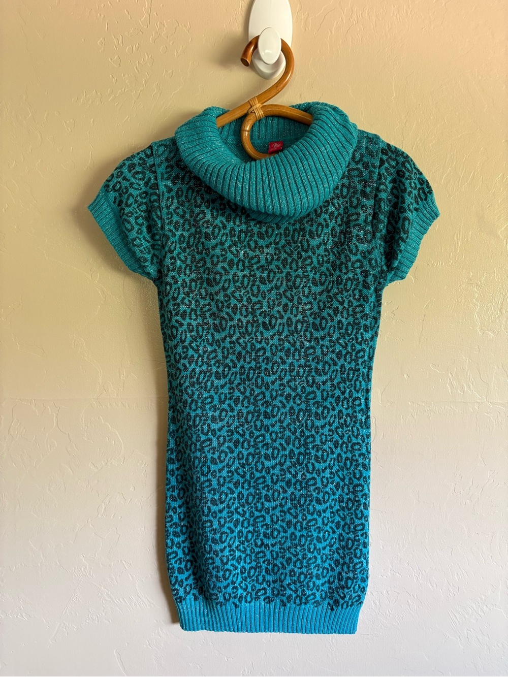 Y2K 2000s Star Ride Teal Metallic Leopard Print Short Sleeve Sweater Mini Dress